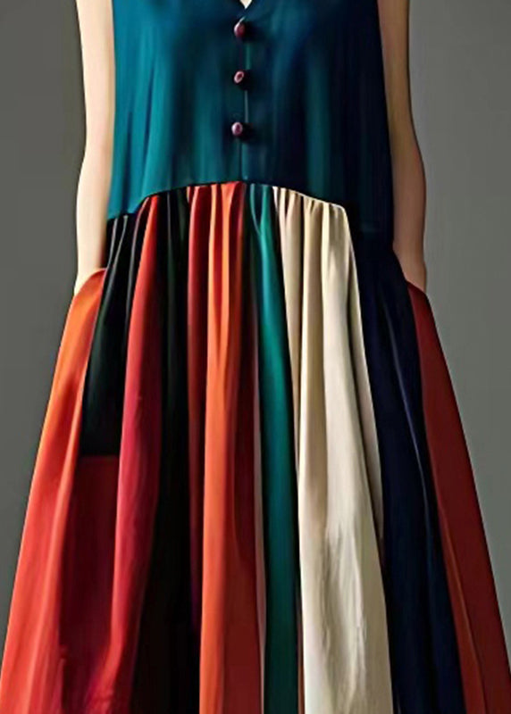 Peacock Green V Neck Patchwork Cotton Long Dress Sleeveless