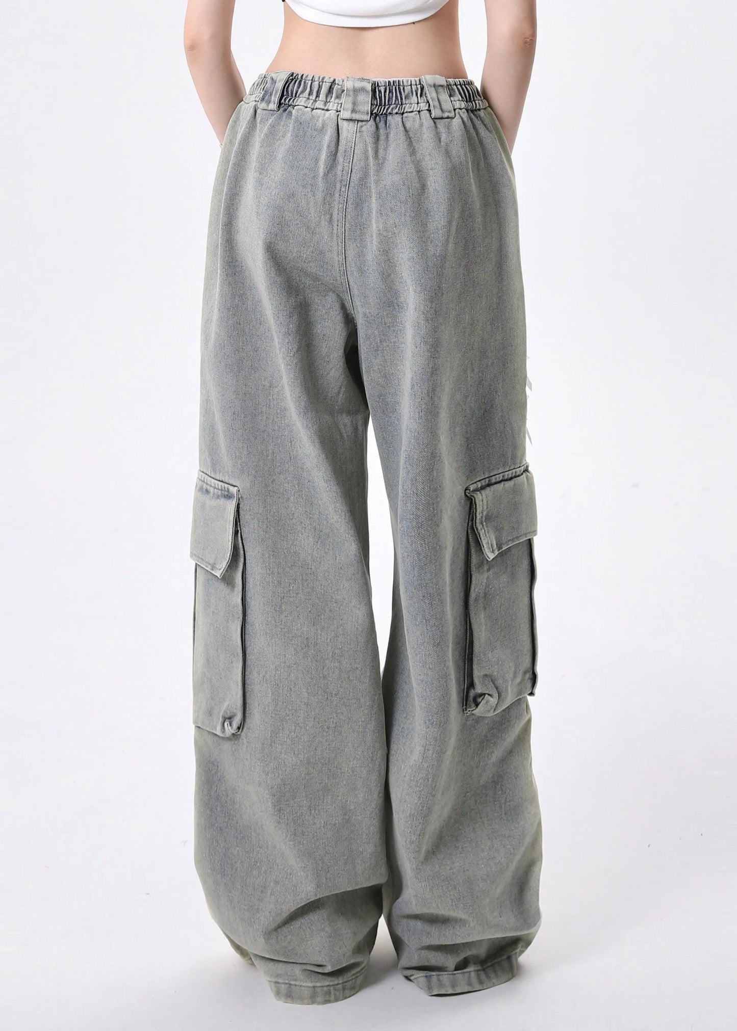 Modern Light Blue Elastic Waist Pockets Denim Pants Fall