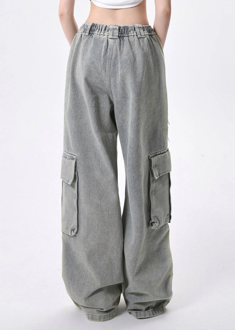 Modern Light Blue Elastic Waist Pockets Denim Pants Fall