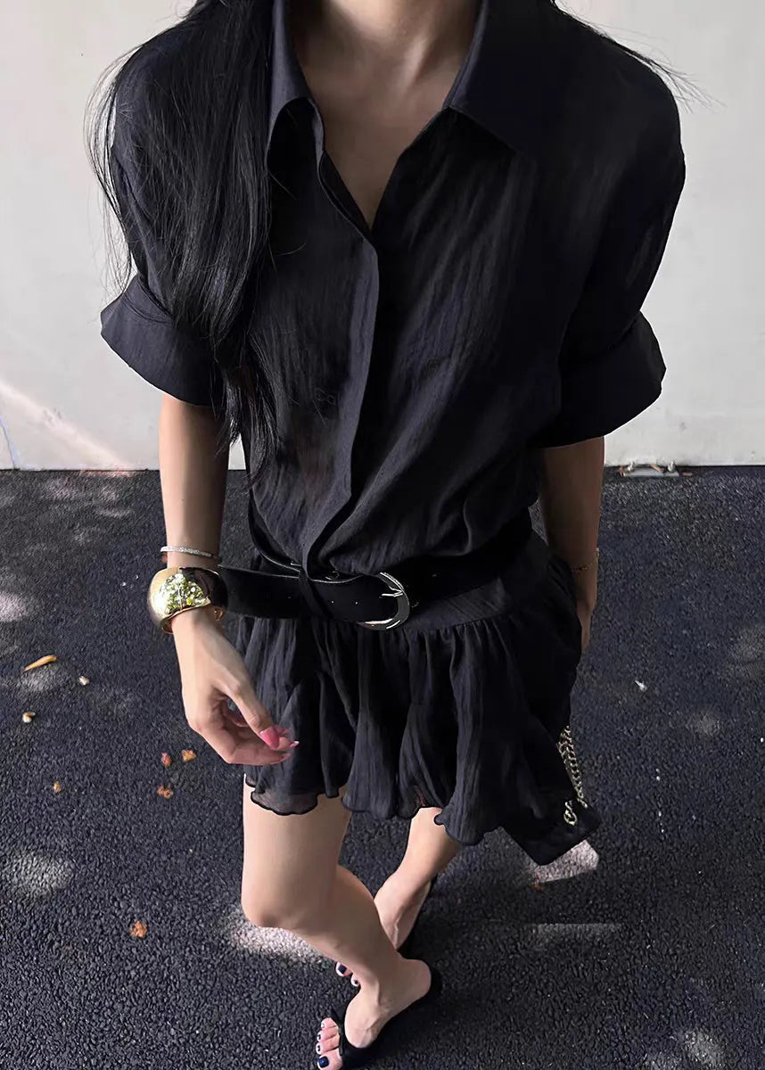 Black Wrinkled Button Cotton Shirts Dress Peter Pan Collar Half Sleeve