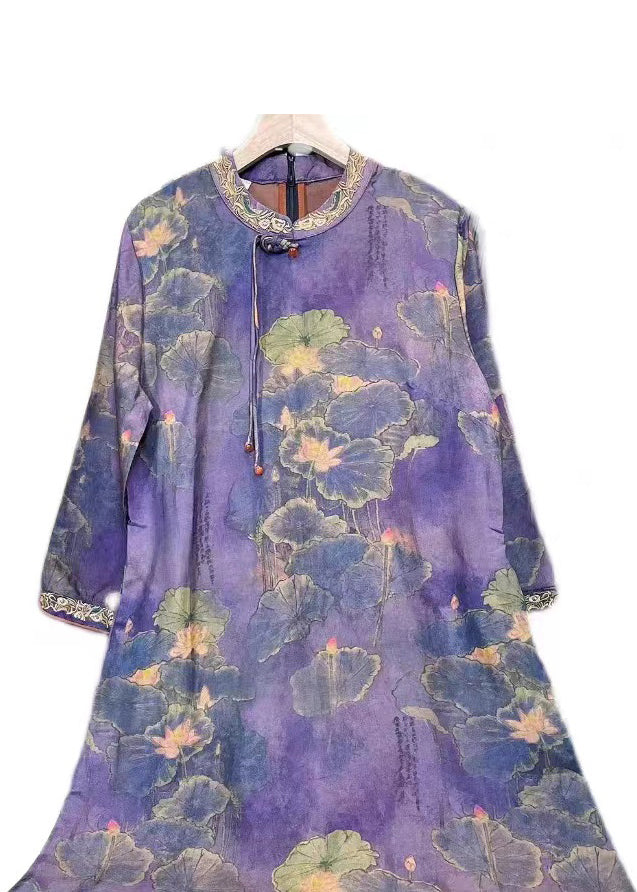 Purple Tasseled Embroideried Patchwork Silk Dresses Fall