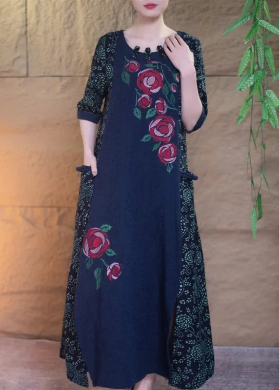 Navy O-neck Print Patchwork Side Open Robe Dresses Short Sleeve