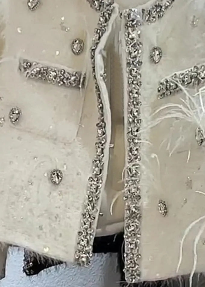 Handmade White Zircon Feather Cotton Filled Coat Winter