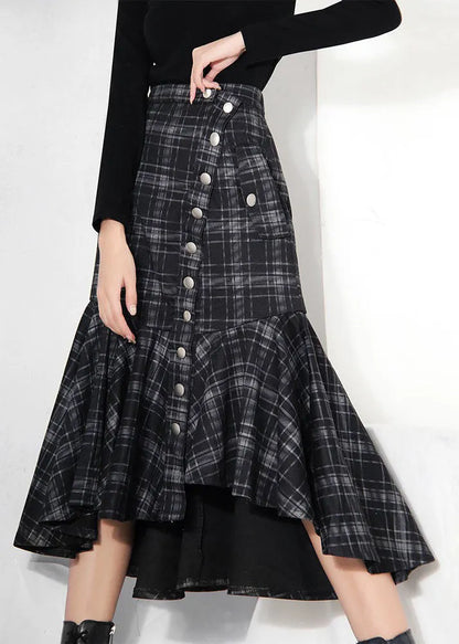 Black Low High Design Ruffles Plaid Skirt Spring