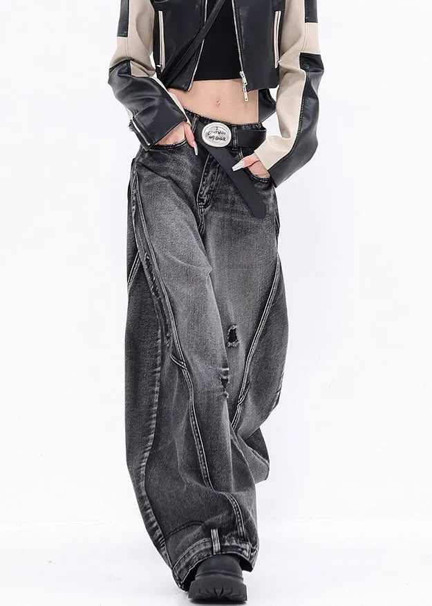 Stylish Black Pockets Patchwork Denim Ripped Pants Fall