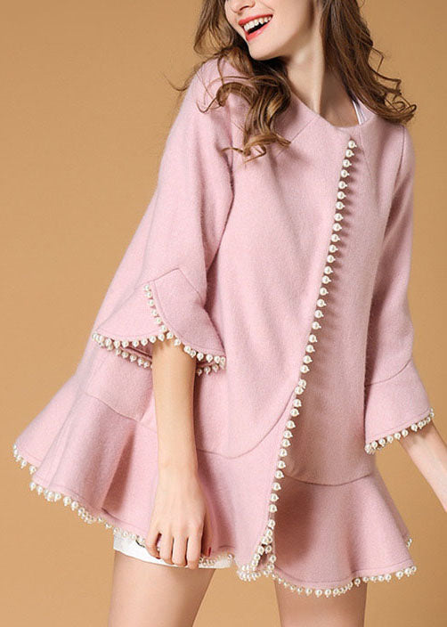 Pink Pockets Nail Bead Fall Woolen Coat