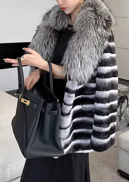 Art Striped Rabbit Hair Collar Leather and Fur Coat Winter
