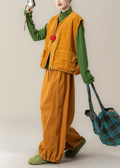 Yellow Zip Up Pockets Corduroy Sets 3 Pieces Winter