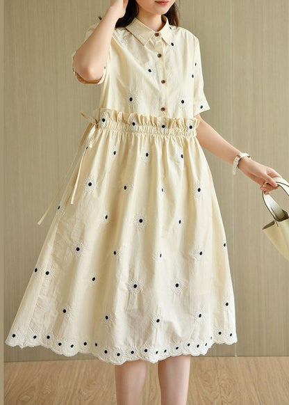 Unique Beige Yellow Peterpan Collar Button Embroideried Summer Cotton Vacation Dresses
