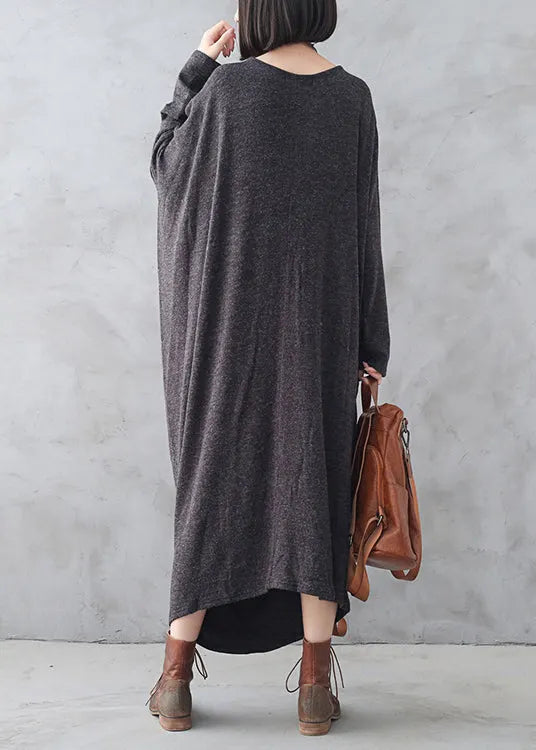 Dark Grey O-neck Asymmetrical Wool Knit Maxi Sweater Dress Fall