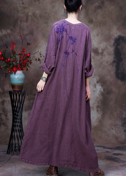 Llight Purple V Neck Asymmetrical Patchwork Linen Ankle Dress Long