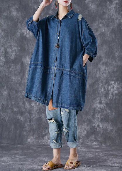 Blue Oversized Patchwork Denim Ripped Trench Coats Fall
