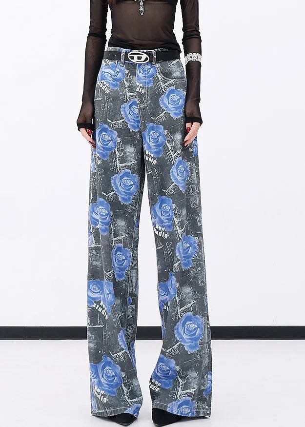 Modern Blue Pockets Rose Print Denim Pants Fall