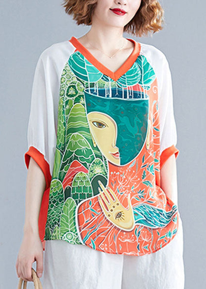 White V Neck Patchwork Character Print Two Piece Suit Set Summer