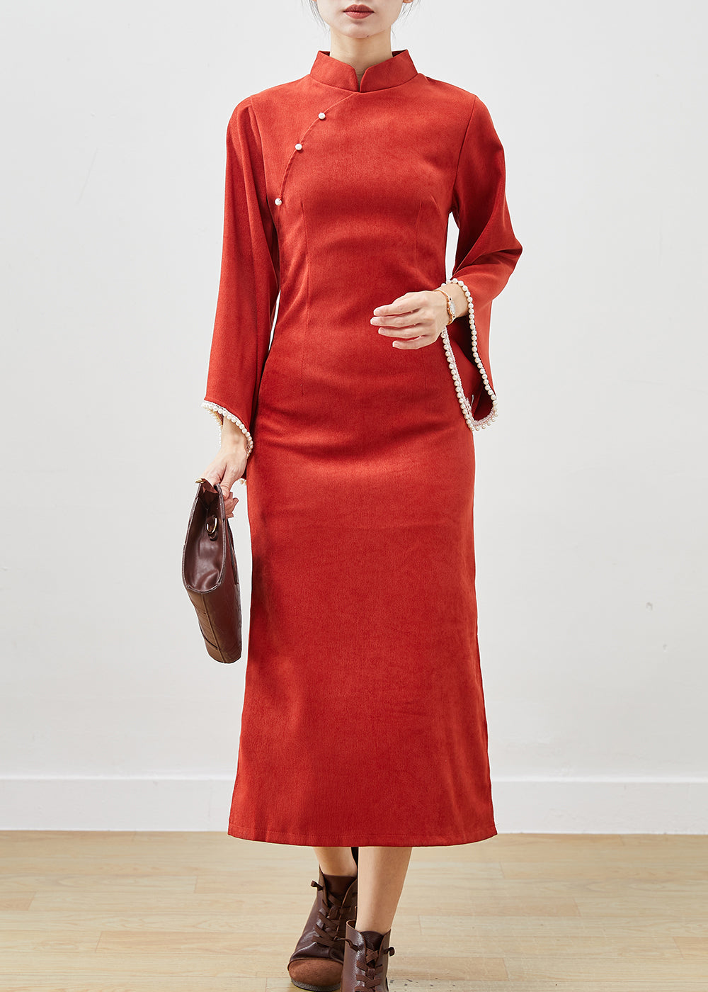 Orange Silm Fit Cotton Vacation Dresses Cheongsam Flare Sleeve