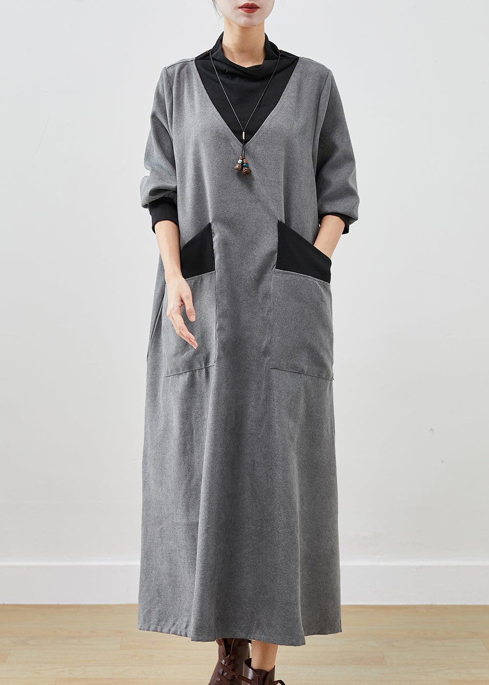 Grey Turtle Neck Patchwork Cotton Long Dress Fall