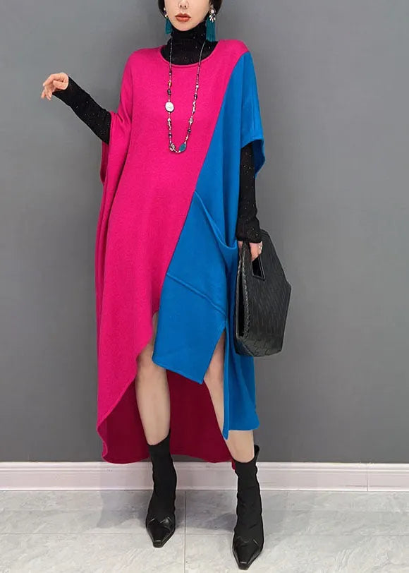 Original Design Colorblock O-neck Asymmetrical Patchwork Cotton Long Dresses Spring