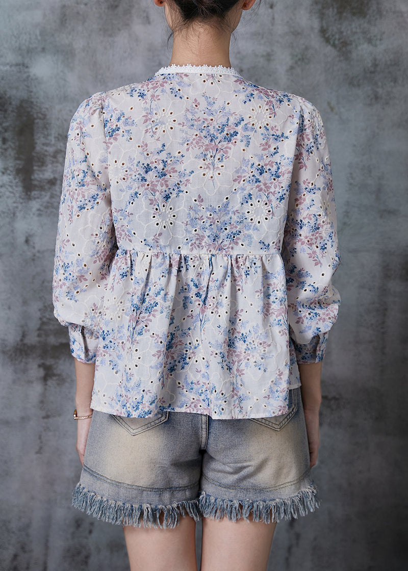 Apricot Print Patchwork Lace Cotton Shirt Summer