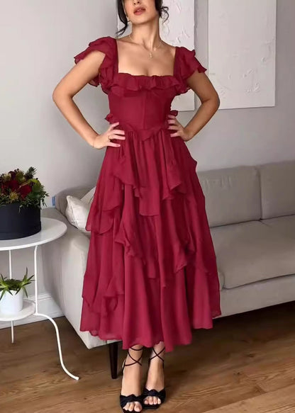 Red Backless Ruffled Cotton Long Dress Summer
