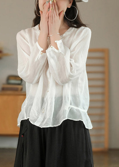 White Patchwork Ruffles Linen Shirt Top Three Quarter Sleeve