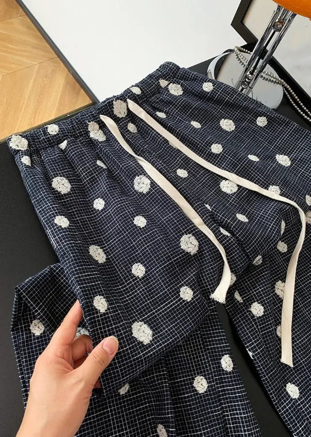 Black Embroidered Tie Waist Wide Leg Pants Fall