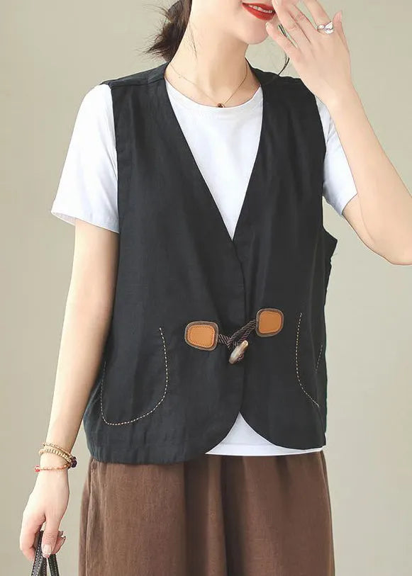 Loose Orange V Neck Button Linen Waistcoat Sleeveless