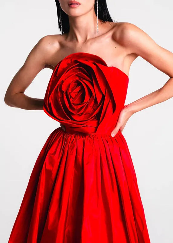 French Red Cold Shoulder Patchwork Rose Holiday Maxi Dress Summer
