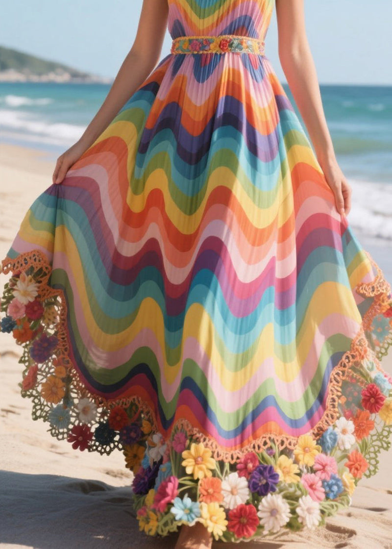 Original Design Rainbow Patchwork Flower Decorated Beach Dress Summer