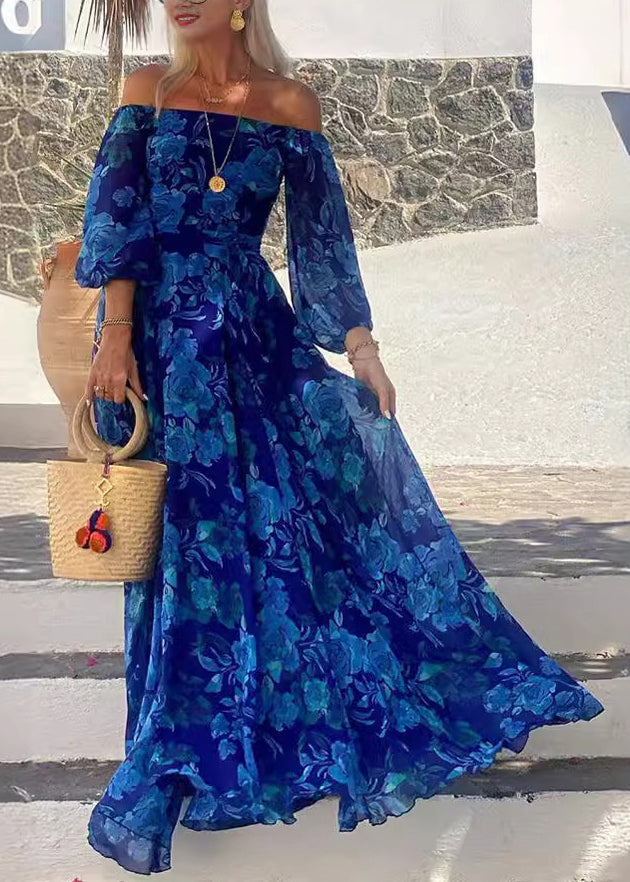Blue Slash Neck Print Cotton Maxi Dress Bracelet Sleeve
