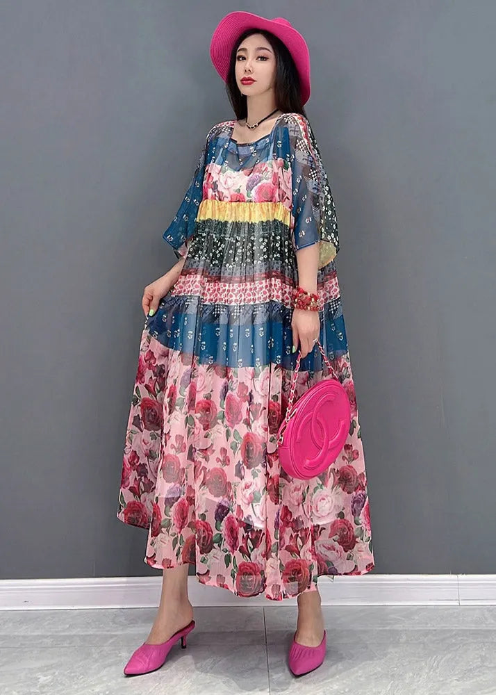 Square Collar Print Chiffon Long Dresses Short Sleeve