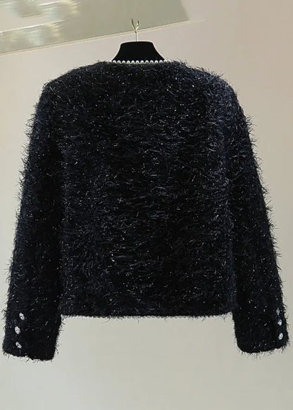 Classy Black O-neck Pockets Patchwork Nail Bead Coats Winter