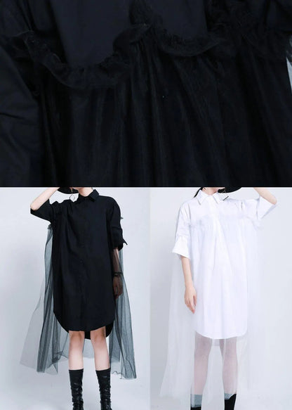 Loose Black Patchwork Lace Shirts Summer Cotton Dress