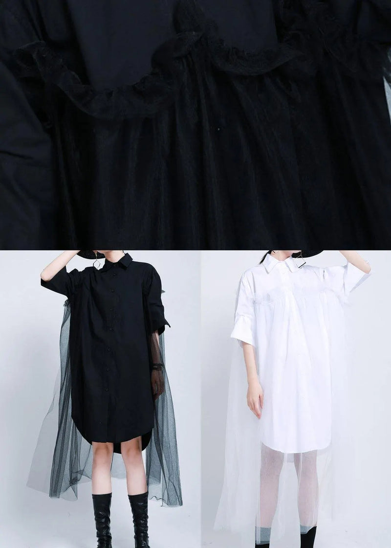 Loose Black Patchwork Lace Shirts Summer Cotton Dress
