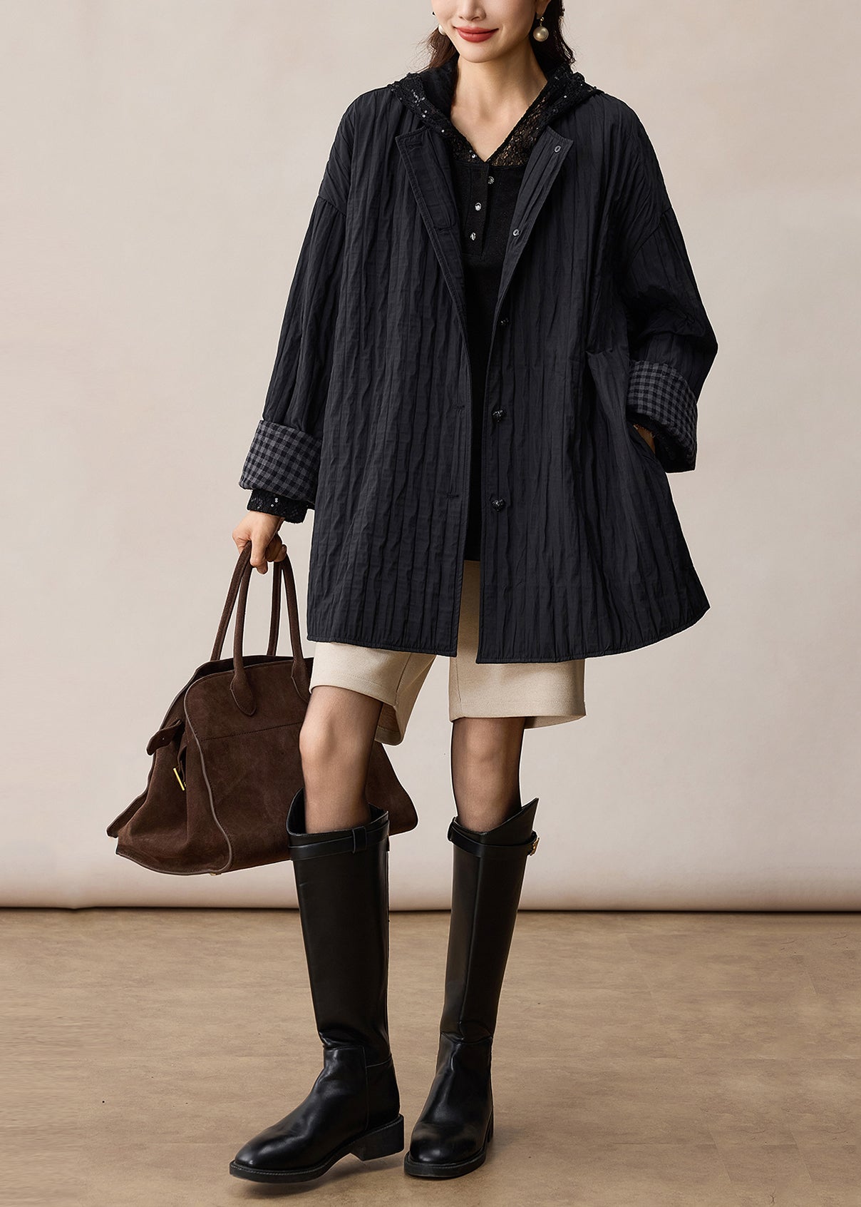 Black Oversized Wrinkled Cotton Coat Spring