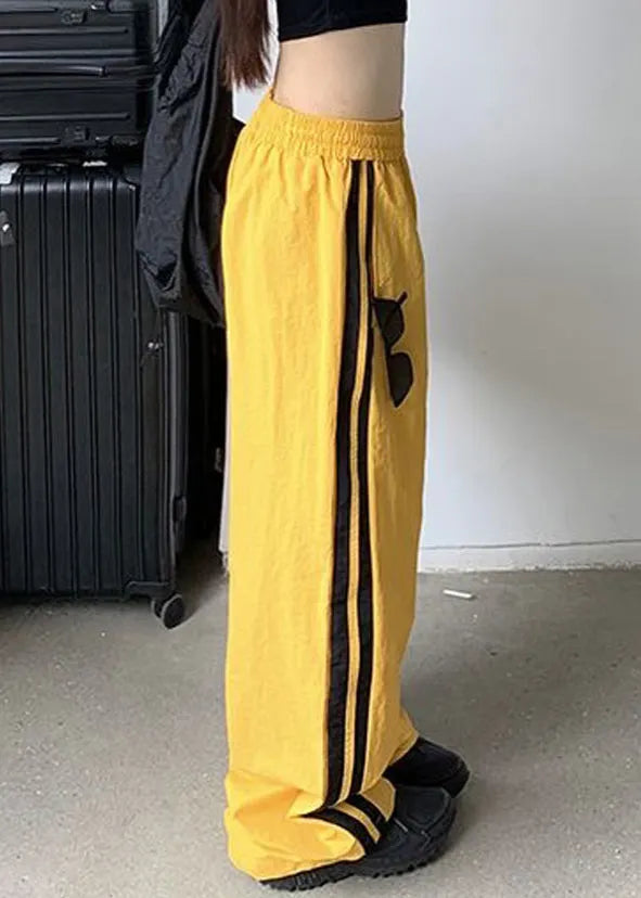 Yellow Striped Elastic Waist Cotton Pants Spring