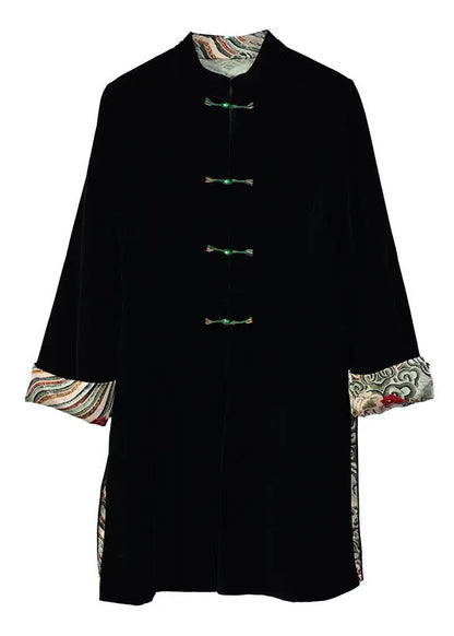 Black Stand Collar Patchwork Button Silk Velour Coat Bracelet Sleeve