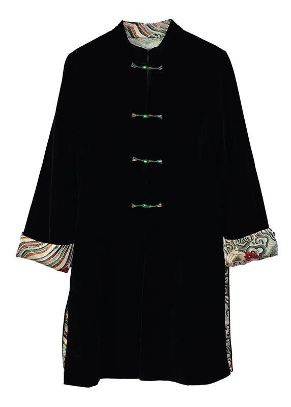 Black Stand Collar Patchwork Button Silk Velour Coat Bracelet Sleeve