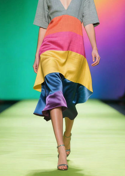 Colorblock V Neck Patchwork Linen Silk Dress Summer