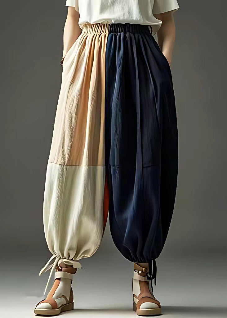Blue Patchwork Elastic Waist Beam Pants