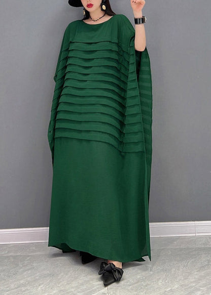 Green O-neck Striped Chiffon Ankle Dress Batwing Sleeve