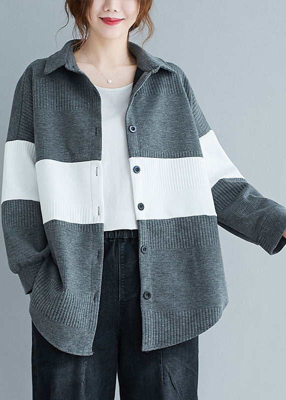 Grey Peter Pan Collar Button Patchwork Fall Shirt Top Long Sleeve