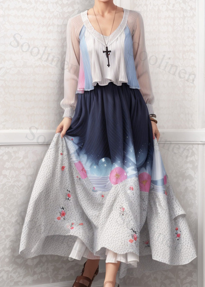 Modern Gradient Color Print Exra Large Hem Silk Dress Summer