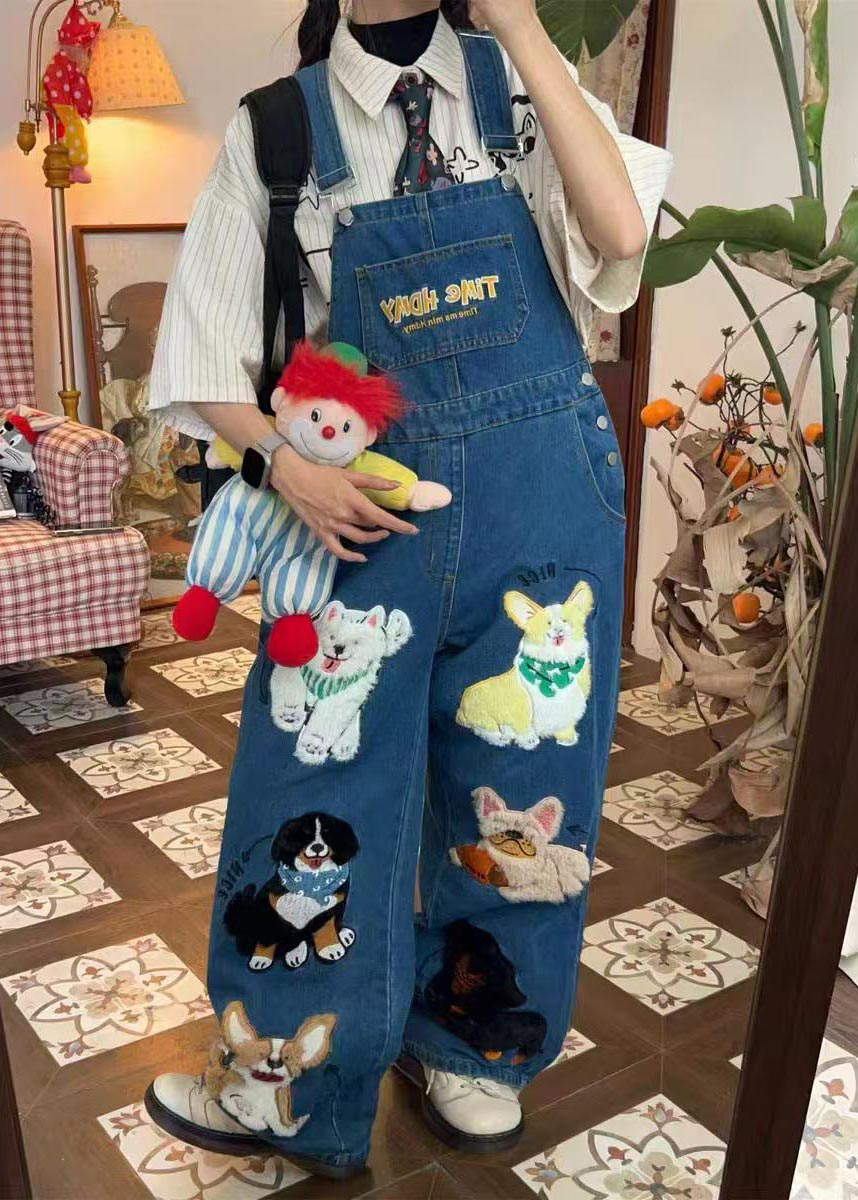 Fitted Blue Oversized Animals Denim Jumpsuit Summer