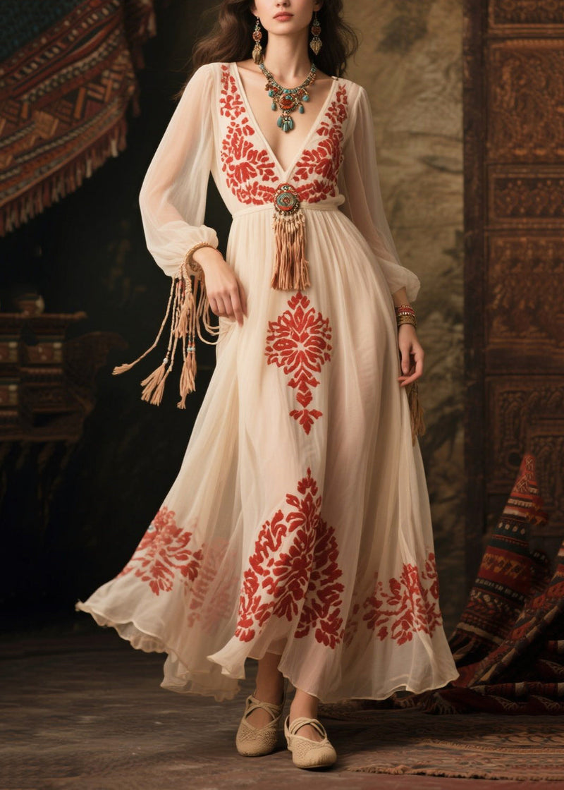White Tasseled Print Chiffon Long Dress Fall