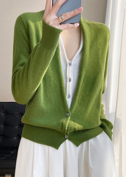 Green V Neck Button Patchwork Wool Knit Top Fall