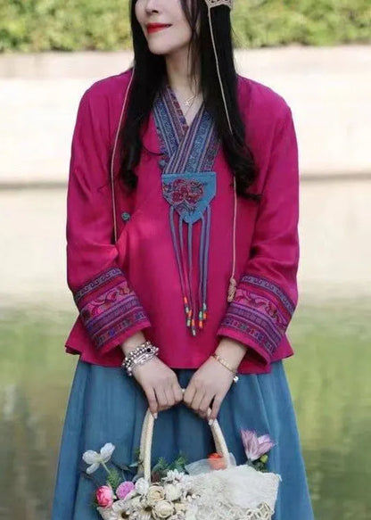 Organic Rose Tie Waist V Neck Embroideried Linen Shirt Spring