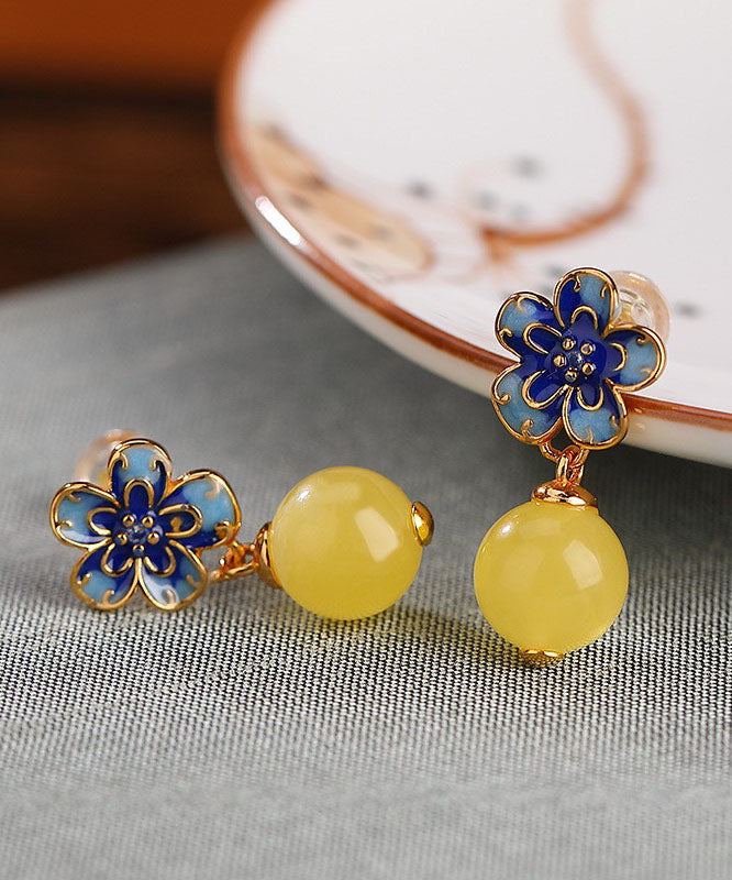 Retro Blue Sterling Silver Overgild Beeswax Drop Earrings