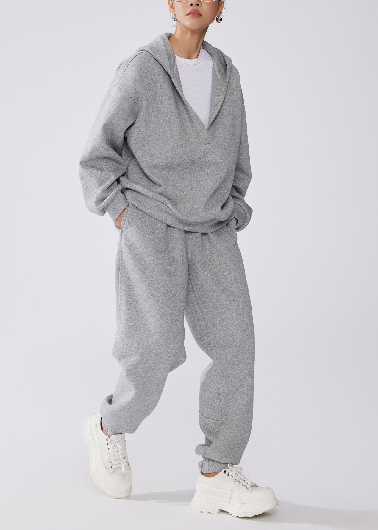 Grey Hooded Cotton Pullover Sweatshirt Two Pieces Set Fall