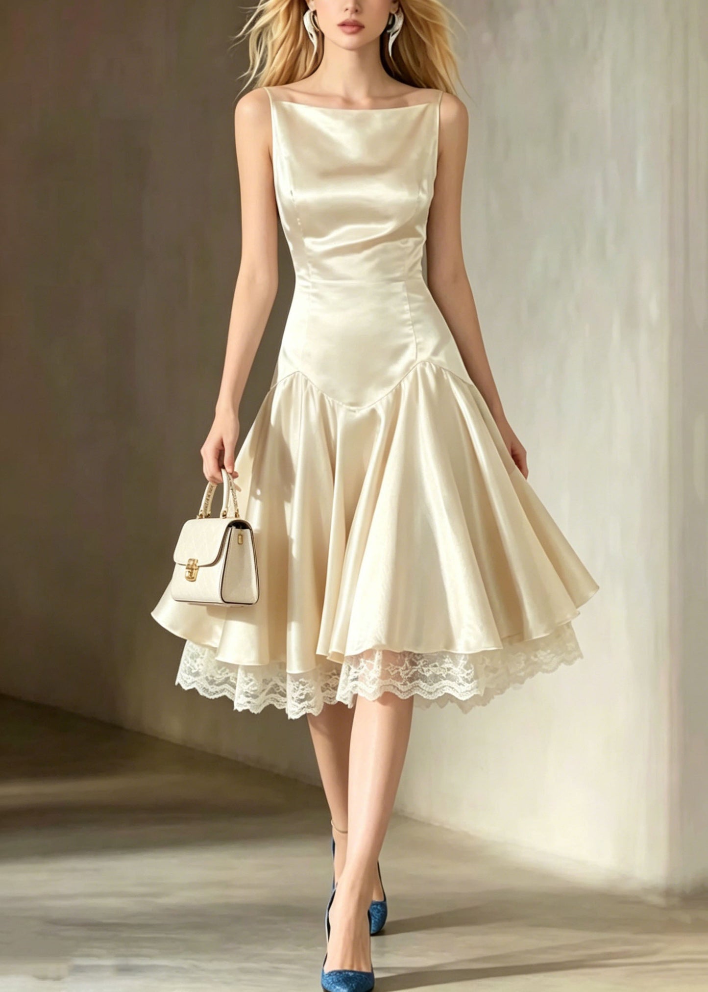 Italian Champagne Lace Patchwork Silk Spaghetti Strap Dress Summer