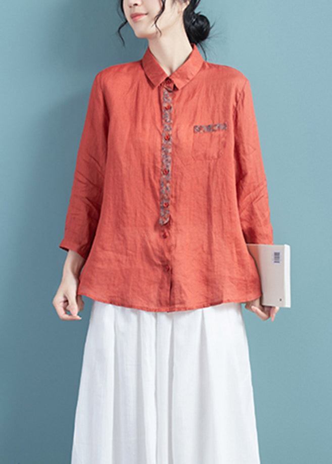 Brick Red Peter Pan Collar Print Ramie Top Long Sleeve